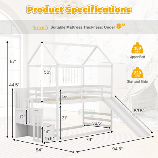 Twin over Twin Bunk Bed with Slide and 2-Step Storage Staircase-White