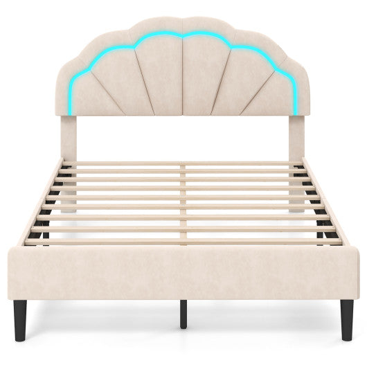 Upholstered LED Bed Frame with Adjustable Flower Headboard and Metal Support Feet-Full Size