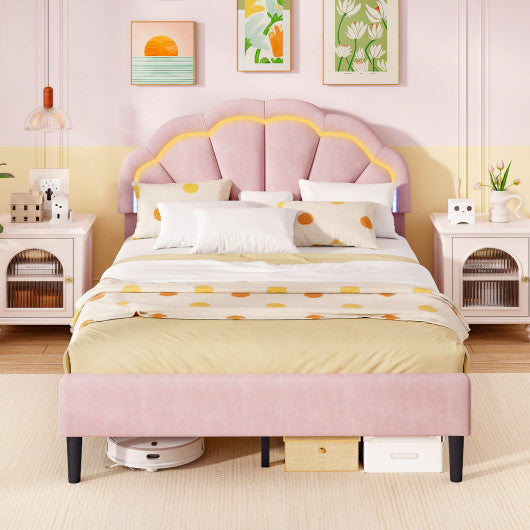 Upholstered LED Bed Frame with Adjustable Flower Headboard and Metal Support Feet Pink-Full Size