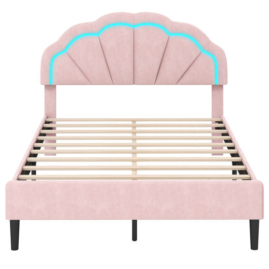Upholstered LED Bed Frame with Adjustable Flower Headboard and Metal Support Feet Pink-Full Size