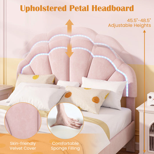 Upholstered LED Bed Frame with Adjustable Flower Headboard and Metal Support Feet Pink-Full Size