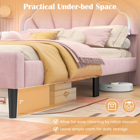 Upholstered LED Bed Frame with Adjustable Flower Headboard and Metal Support Feet Pink-Queen Size