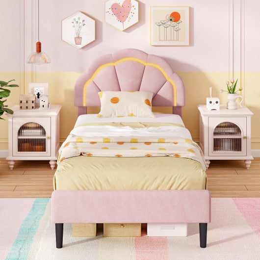 Upholstered LED Bed Frame with Adjustable Flower Headboard and Metal Support Feet Pink-Twin Size