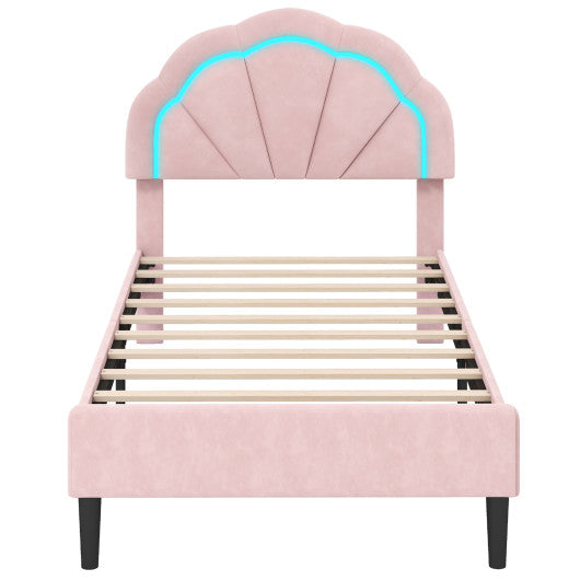 Upholstered LED Bed Frame with Adjustable Flower Headboard and Metal Support Feet Pink-Twin Size