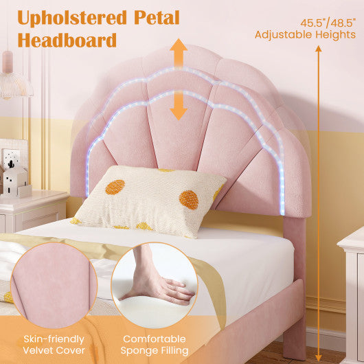 Upholstered LED Bed Frame with Adjustable Flower Headboard and Metal Support Feet Pink-Twin Size