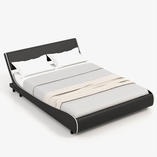 Upholstered Platform Bed Frame Low Profile Faux Leather with Curved Headboard-Queen Size