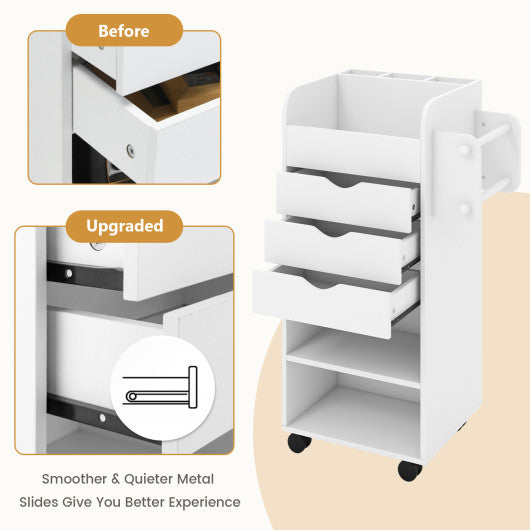 Utility Trolley with Open Shelves and 3 Drawers-White