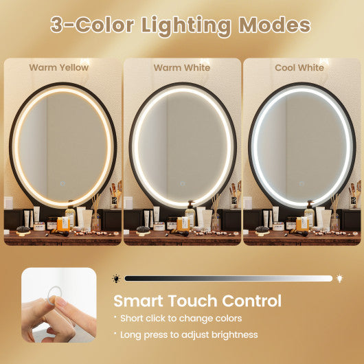 Vanity Table Set with 3-Color Lighted Dimmable Mirror-Brown