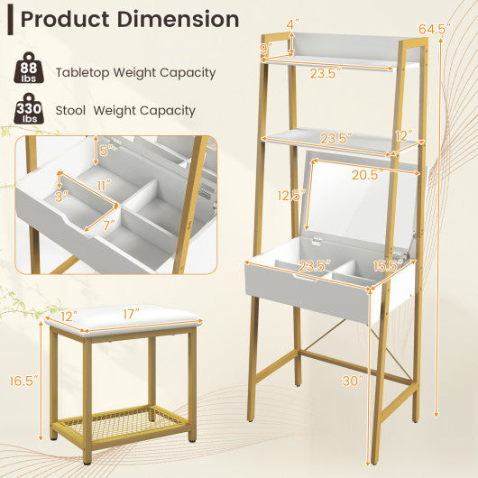 Ladder Vanity Desk Set with Flip Top Mirror and Cushioned Stool-Golden