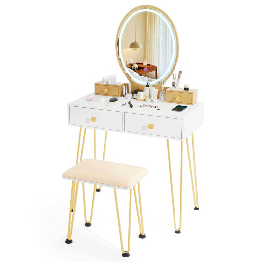 Vanity Table Set with 3-Color Lighted Dimmable Mirror-White