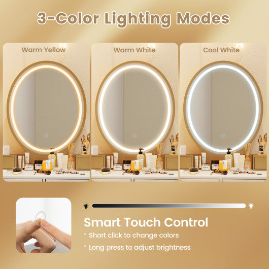 Vanity Table Set with 3-Color Lighted Dimmable Mirror-White