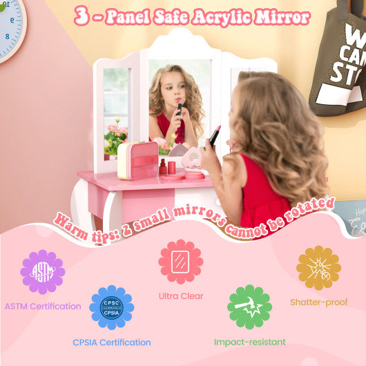 Kid's Wooden Vanity Table and Stool Set with 3-Panel Acrylic Mirror-White