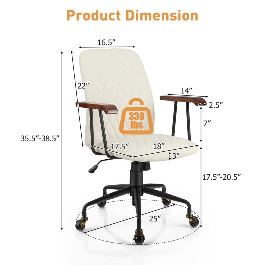 Velvet Home Office Chair with Wooden Armrest-Beige