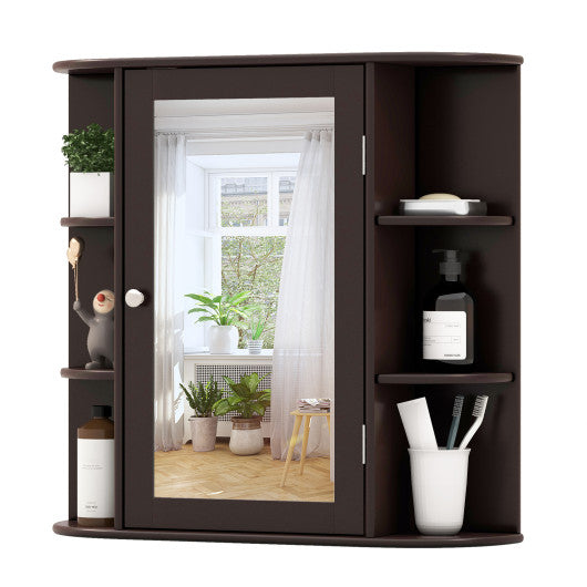 Wall-Mounted Bathroom Mirror Cabinet with Storage Shelves-Brown