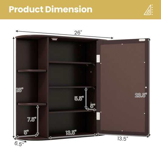 Wall-Mounted Bathroom Mirror Cabinet with Storage Shelves-Brown