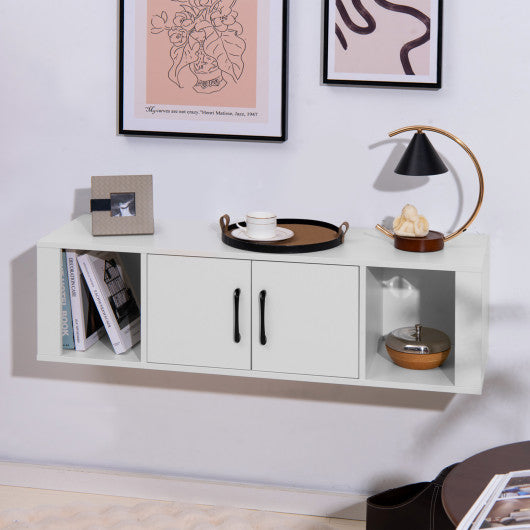 Wall Mounted Floating 2 Door Desk Hutch Storage Shelves-White