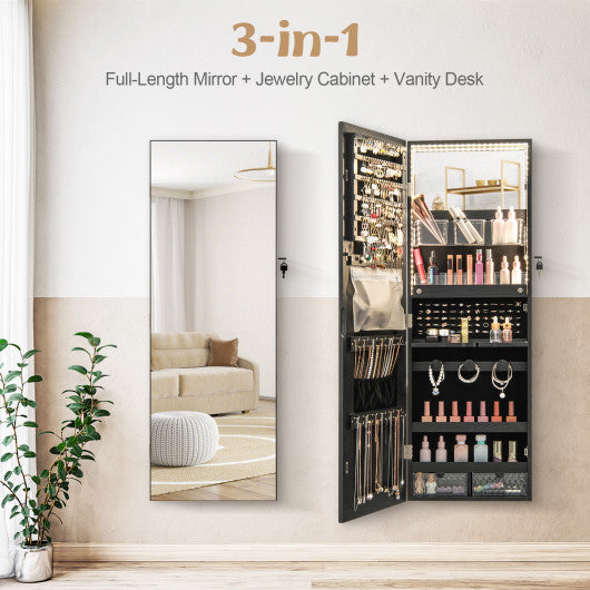 Wall Mounted Jewelry Cabinet with Full-Length Mirror-Black