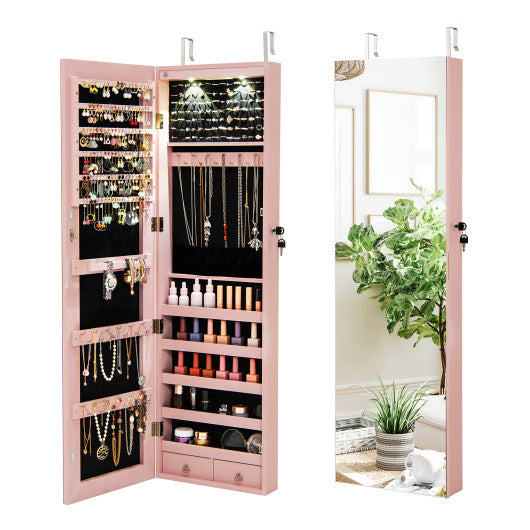 Wall and Door Mounted Mirrored Jewelry Cabinet with Lights-Pink