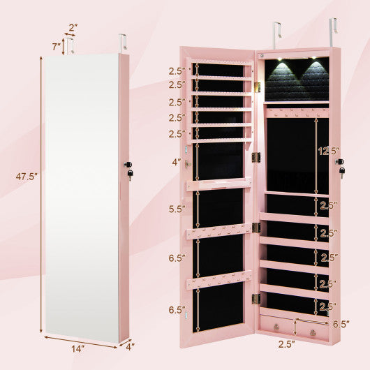 Wall and Door Mounted Mirrored Jewelry Cabinet with Lights-Pink