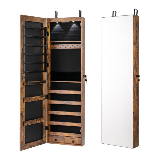 Wall and Door Mounted Mirrored Jewelry Cabinet with Lights-Rustic Brown