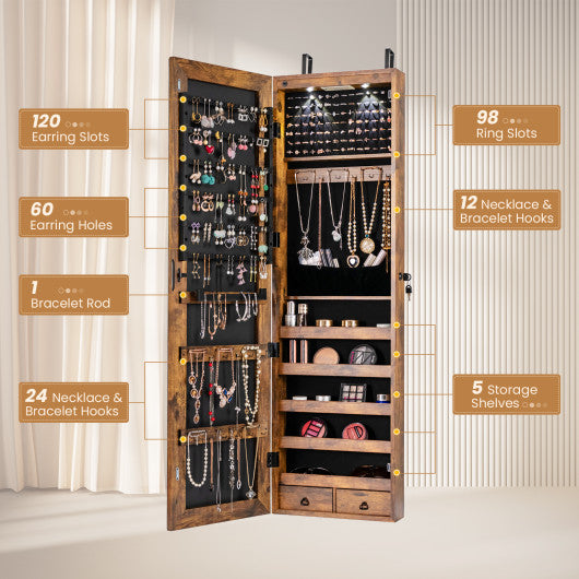 Wall and Door Mounted Mirrored Jewelry Cabinet with Lights-Rustic Brown