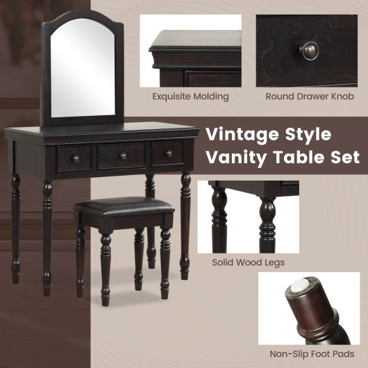 Makeup Vanity Table and Stool Set with Detachable Mirror and 3 Drawers Storage-Walnut