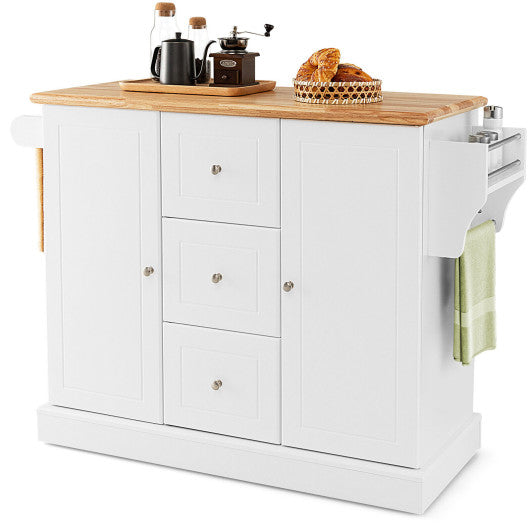 2-Door Large Mobile Kitchen Island Cart with Hidden Wheelsand 3 Drawers-White