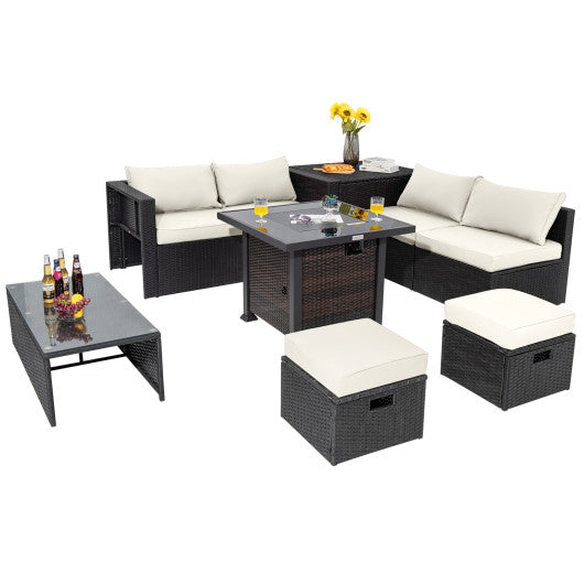 9 Pieces Patio Furniture Set with 32” Fire Pit Table and 50000 BTU Square Propane Fire Pit-White