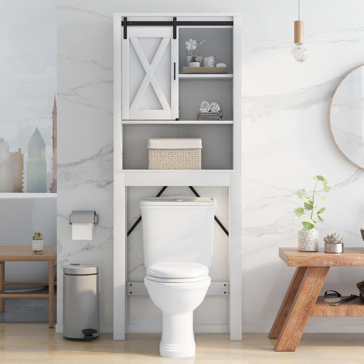 3-Tier Wodden Bathroom Cabinet with Sliding Barn Door and 3-position Adjustable Shelves-White