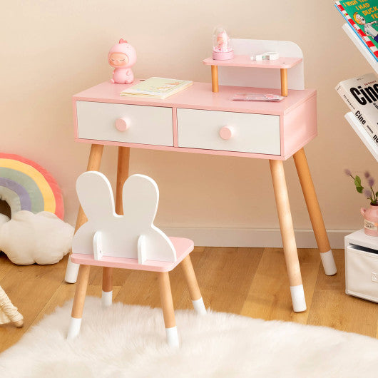 Kids Vanity Table and Chair Set with Drawer Shelf and Rabbit Mirror-White