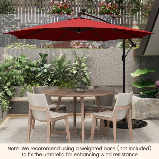 10 Feet Patio Offset Umbrella with 112 Solar-Powered LED Lights-Beige-Wine