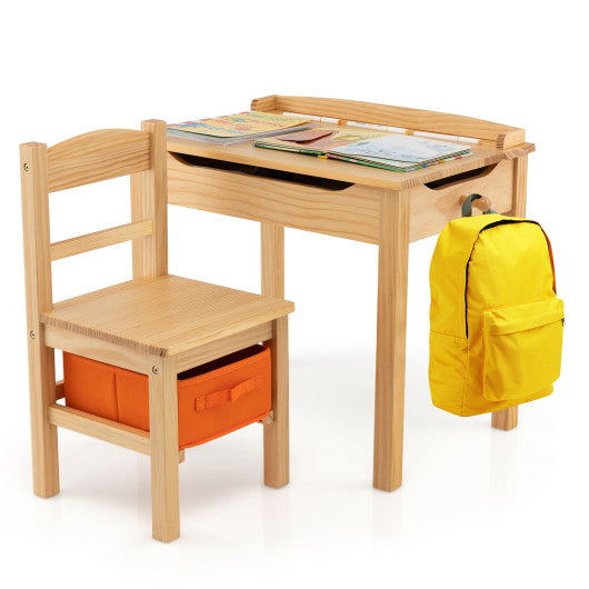 Wood Activity Kids Table and Chair Set with Storage Space-Natrual