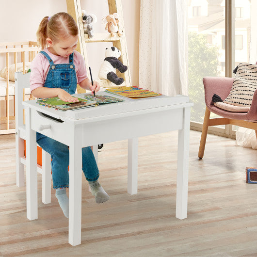 Flip-Top Wood Kids Activity Table and Chair Set with Hidden Storage Space-White