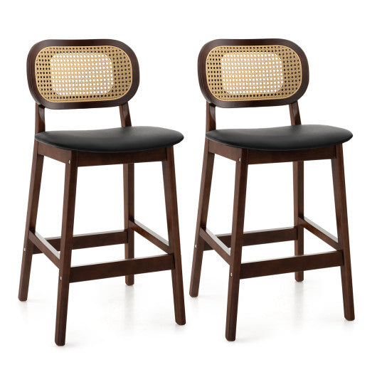 Wood Bar Chairs with PE Rattan Backrest Padded Seat and Footrest-Brown