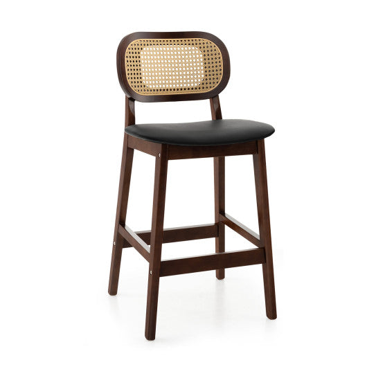 Wood Bar Chairs with PE Rattan Backrest Padded Seat and Footrest-Brown