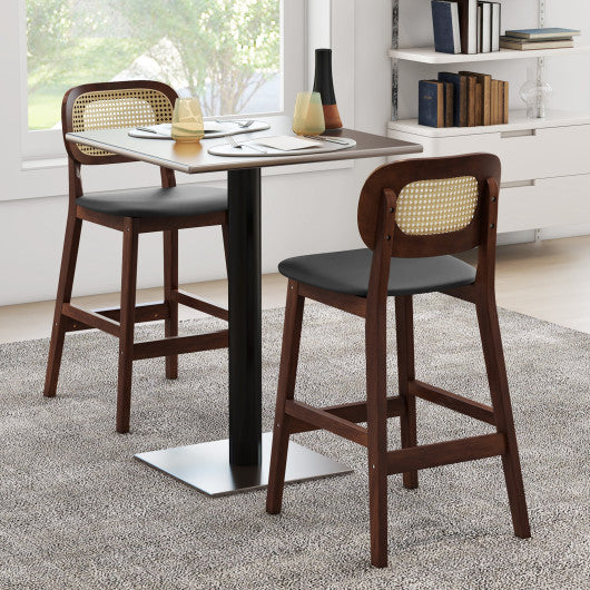 Wood Bar Chairs with PE Rattan Backrest Padded Seat and Footrest-Brown