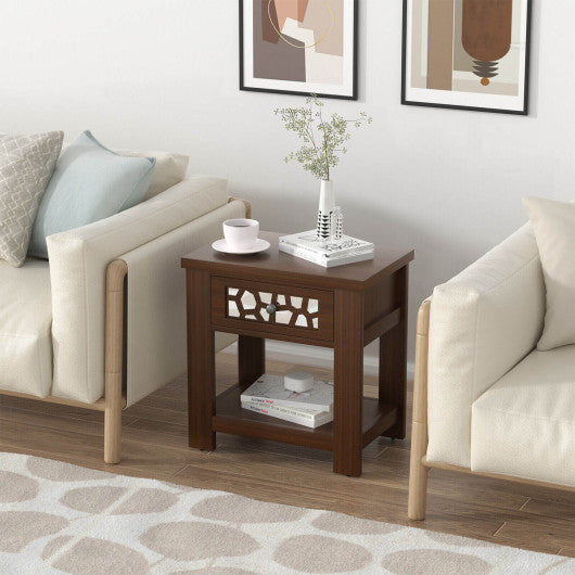 Wood Retro End Table with Mirrored Glass Drawer and Open Storage Shelf-Brown