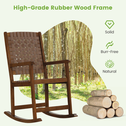 Patio Wood Rocking Chair with PU Seat and Rubber Wood Frame-Brown