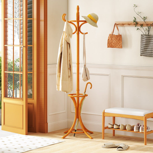 Wood Standing Hat Coat Rack with Umbrella Stand-Natural