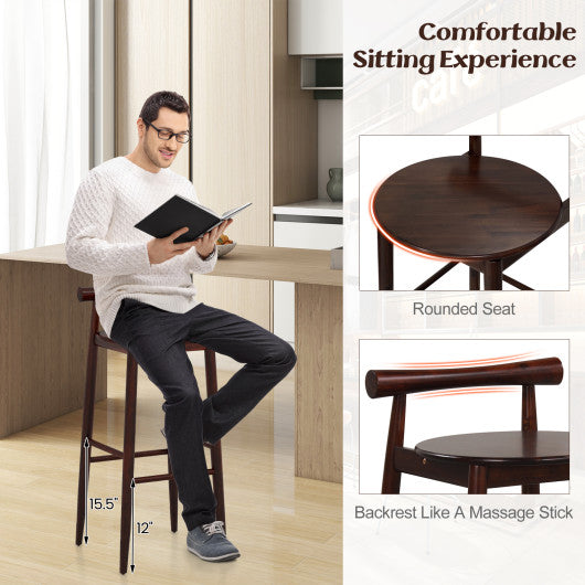 Wooden Bar Chair Set of 2 with Backrest and Footrest for Home Restaurant Cafe-Brown