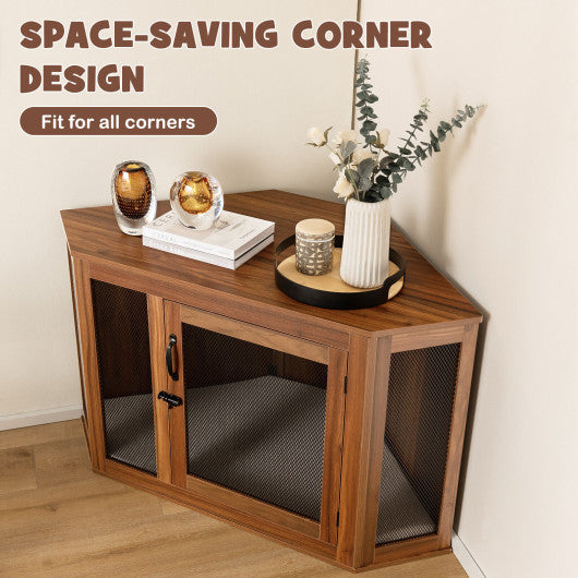 Corner Dog Kennel with Mesh Door and Cushion-Brown