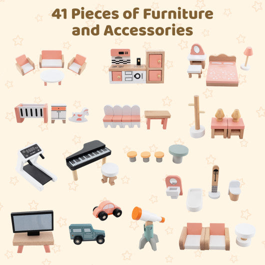 Wooden Corner Dollhouse Playset with 41 Pieces of Accessories for Kids 3+ Years Old-Orange