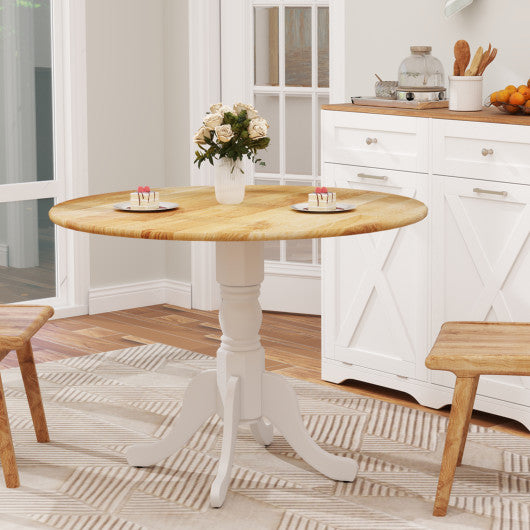 Wooden Dining Table with Round Tabletop and Curved Trestle Legs-Natural & White