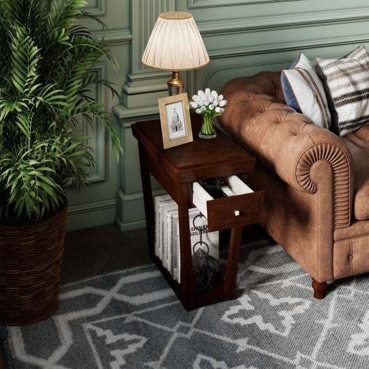 2-Tier Rubber Wood Classic End Table with Drawer and Shelf