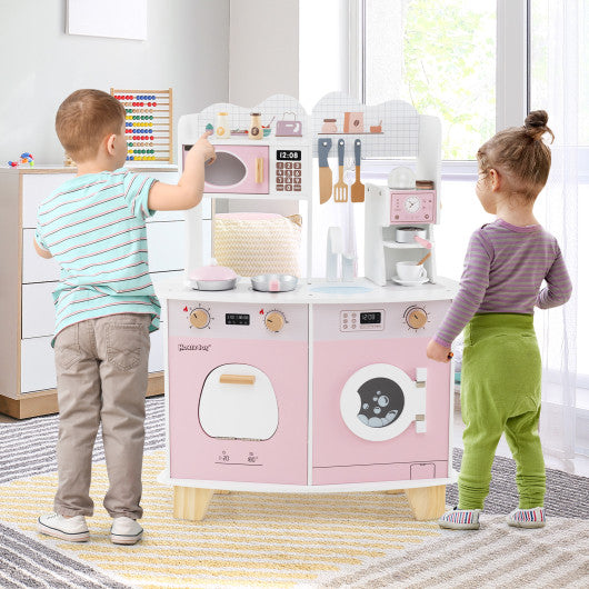 Wooden Kids Kitchen Playset with Coffee Maker for kids-Pink