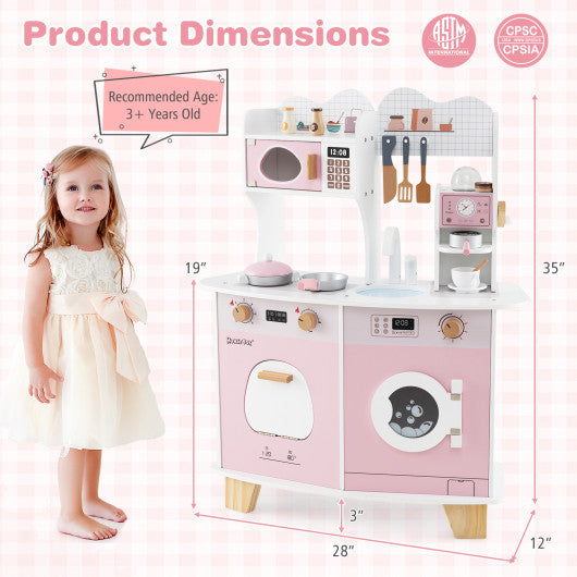 Wooden Kids Kitchen Playset with Coffee Maker for kids-Pink
