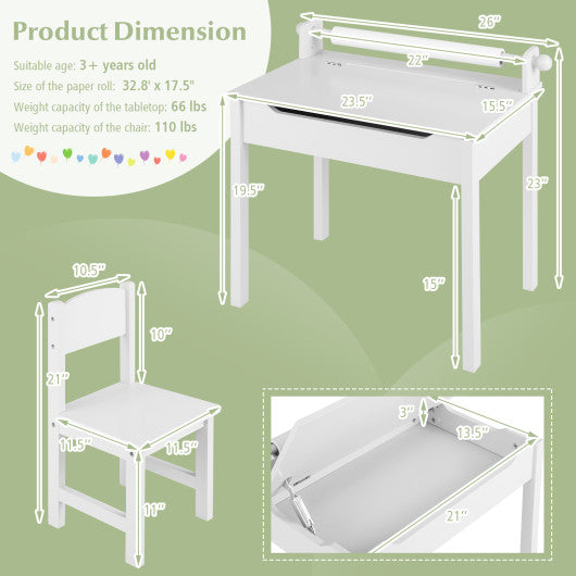 Wooden Kids Table and Chair Set with Storage and Paper Roll Holder-White