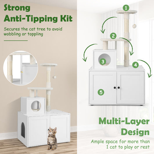 Cat Tree with Litter Box Enclosure with Cat Condo-White