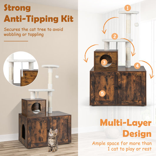 Cat Tree with Litter Box Enclosure with Cat Condo-Rustic Brown