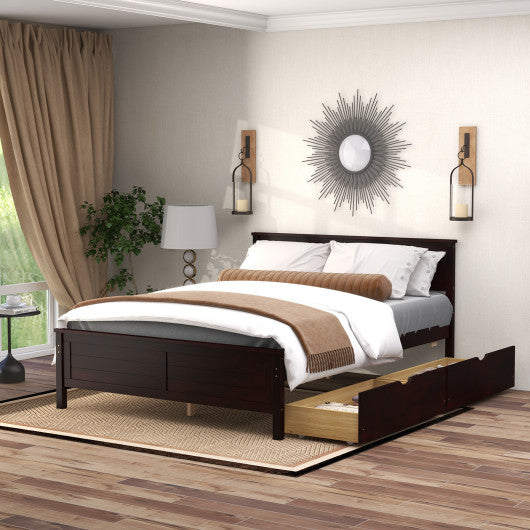 Full Size Bed Frame with Storage Drawers and Solid Wood Headboard-Espresso
